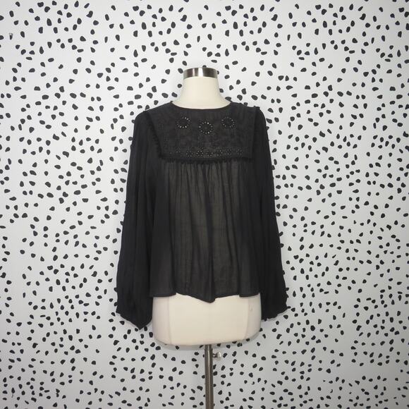 Free People Black Valencia Embroidered Boho Long Sleeve Peasant Top - Picture 4 of 10